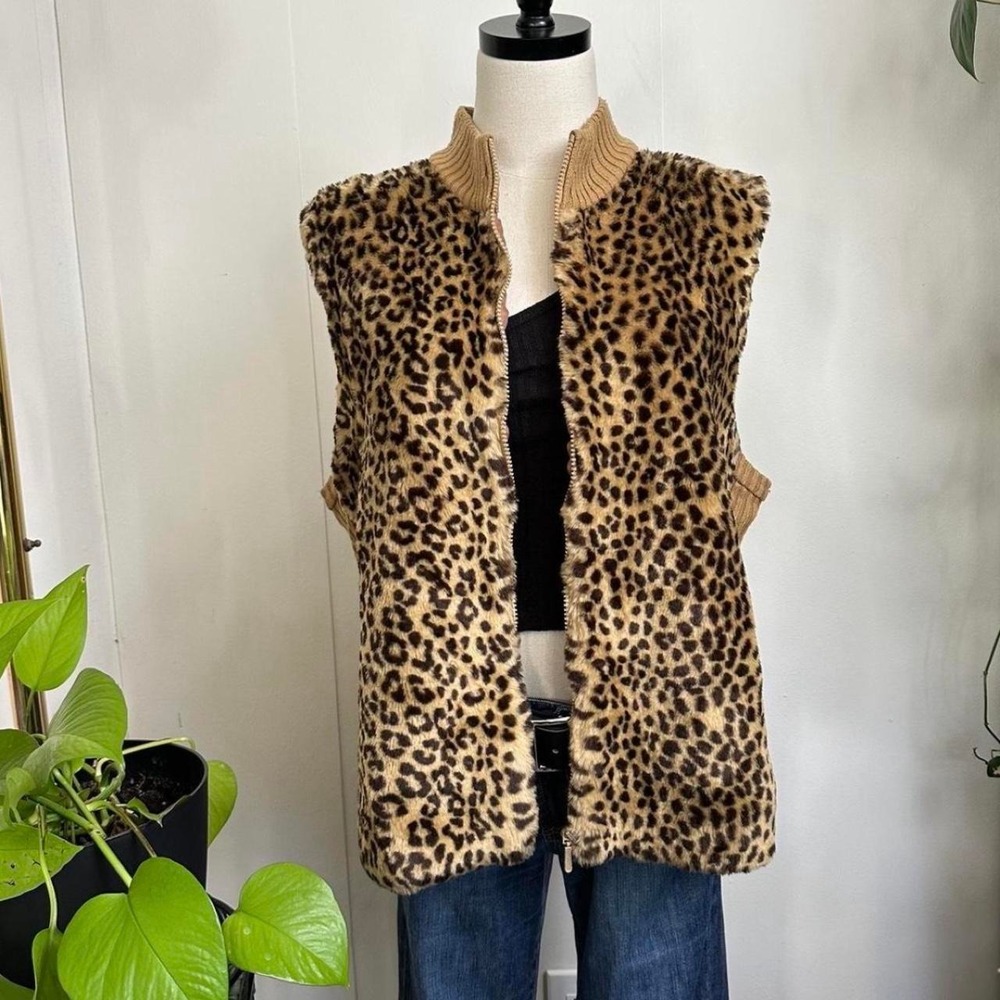 Kathie Lee Collection Leopard Print Faux Fur Knit Back Vest Tan Brown XL 16/18